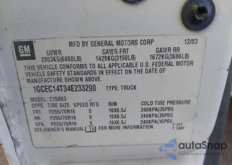 2004 Chevrolet Silverado 1500 Work Truck from USA, damaged, VIN 1GCEC14T34E233290